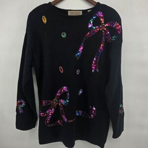 Karen Scott Womens‎ Black Sequin Bow Gem Embellished Knit Sweater Size Large